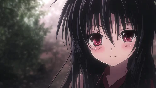 Anime girl with dark hair and red eyes outdoors background.