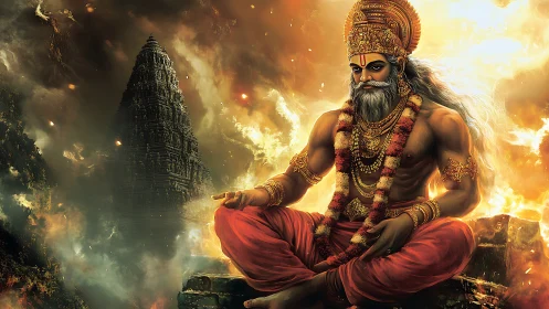 Mythic ascetic deity in fiery temple landscape with dramatic chiaroscuro