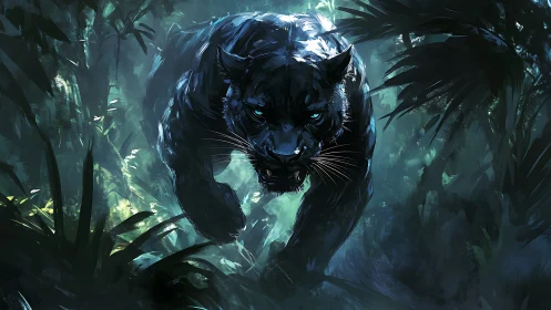 Black Panther in Mystical Forest with Glowing Blue Eyes.