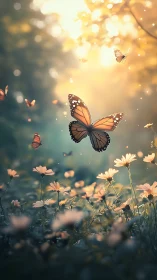 Golden butterflies drift above dreamy wildflower meadow