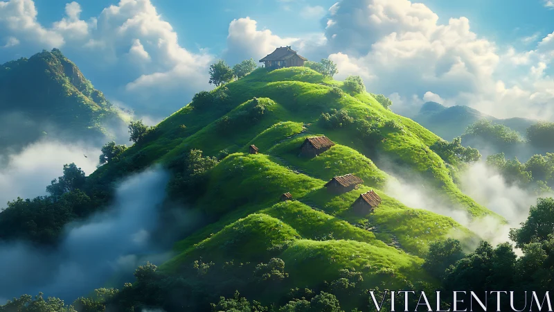 Stepped green hill with scattered huts above valley clouds.