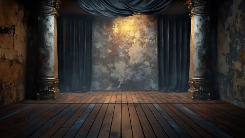 Moody vintage stage with worn columns and draped ceiling.