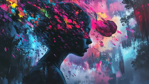 Surreal neon portrait with exploding abstract thoughts.