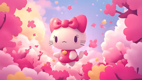 Floating kawaii feline amid volumetric sakura canopy clouds.