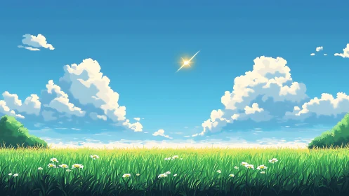 Sunlit meadow daydream under cotton castle clouds.