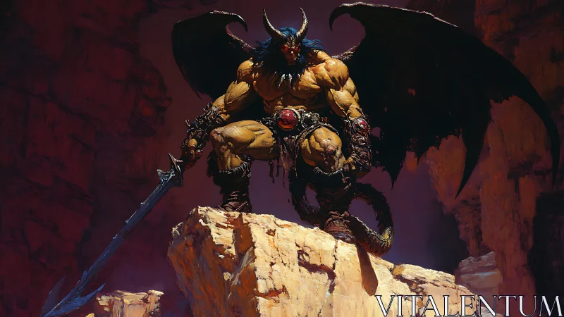 Winged demon warlord poised on jagged canyon ledge.