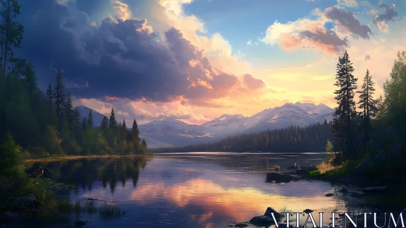 Warm sunset hush over still mountain lake and tall pines.