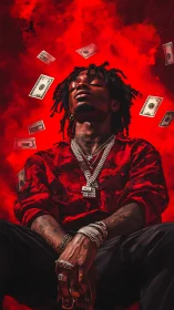 Portrait of seated figure with red background and floating money