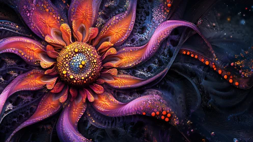 Fractal cosmic flower radiates molten violet-orange energy.