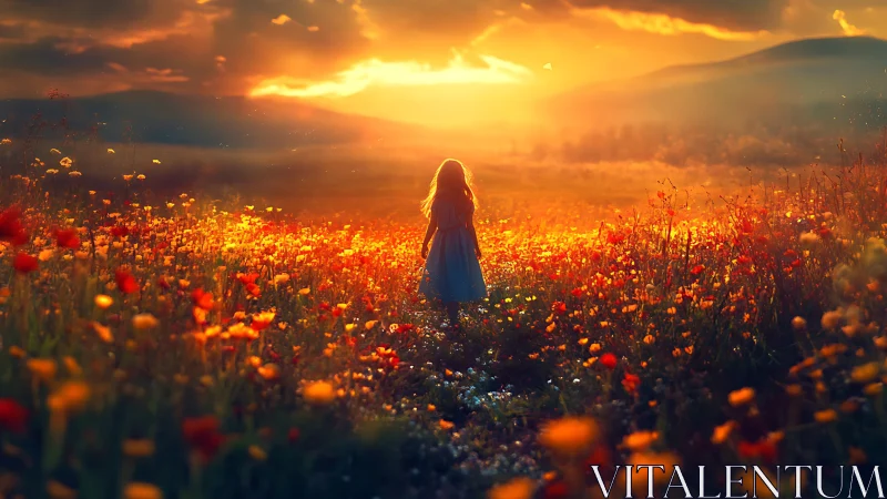 Digital painting of girl in sunset wildflower field panorama.