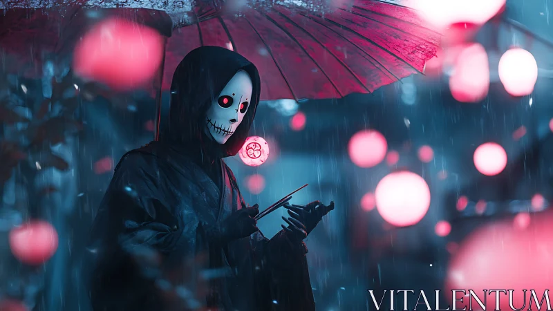Neon rain reaper with mask under crimson umbrella at night.