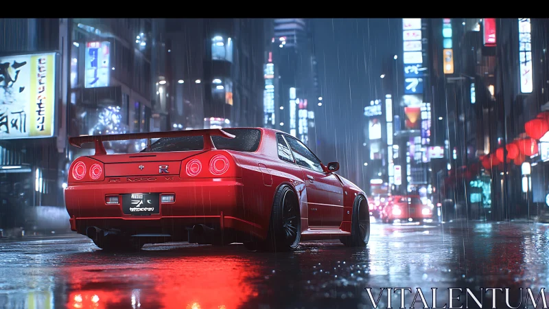 Crimson street racer idling in neon soaked midnight rain.