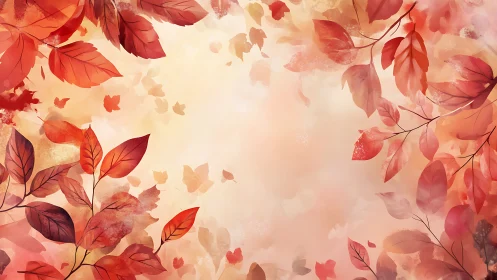 Autumn red leaves border around soft pastel background scene.