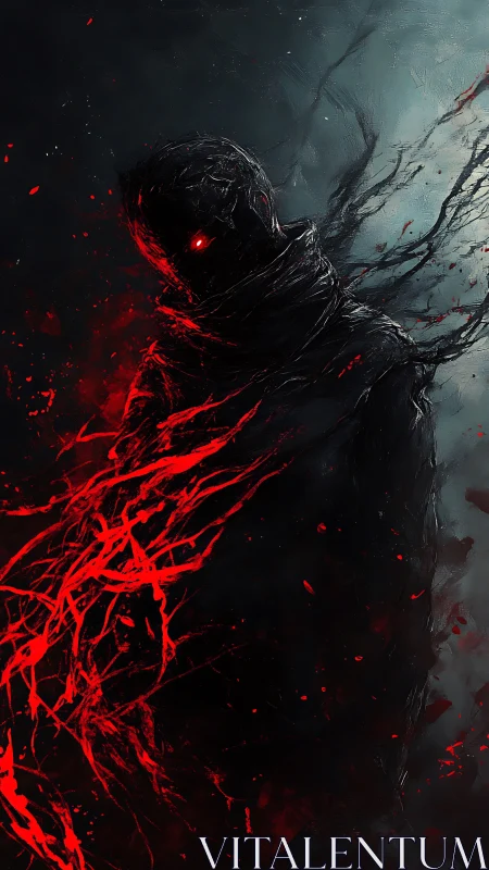 Shadowy figure unleashes red energy in a storm of darkness