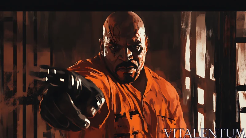 Intense inmate portrait in orange jumpsuit, dynamic pointing gesture