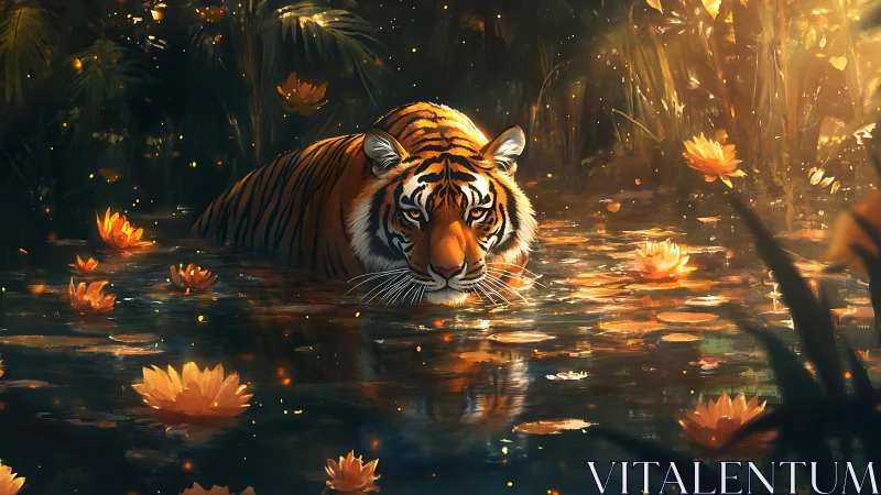 Golden twilight tiger drifting through enchanted lilies.