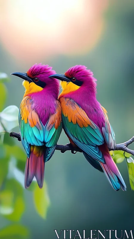 Colorful lovebirds sharing a quiet perch at sunset.