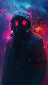 Hooded wanderer in neon smoke and glowing city embers.
