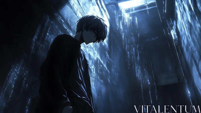 Cinematic anime alley portrait under fractured skylight geometry.