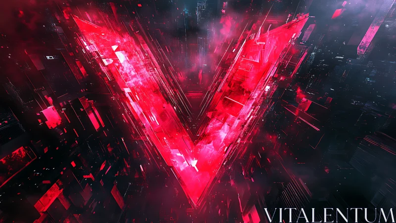 Red glowing V shape in fragmented digital space.