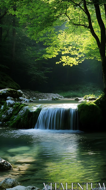 Sunlit forest waterfall cascades into a tranquil emerald pool