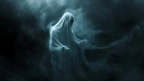 Shrouded ghost drifts through midnight fog and silent dread.