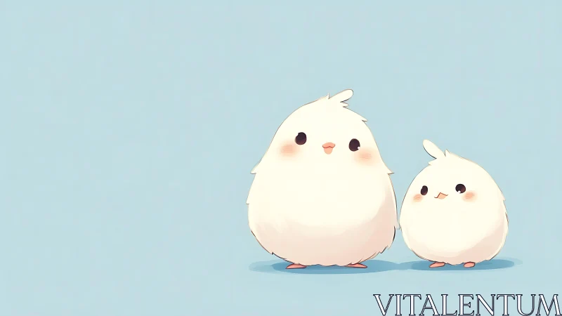 Fluffy bird friends sharing a soft, sky-blue moment together.