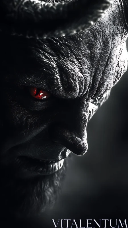 Horned demonic profile with textured skin in shadow.