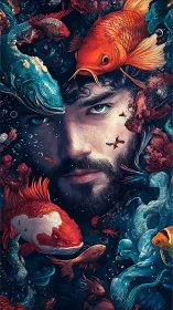 Mystical bearded portrait drifts among vivid underwater koi