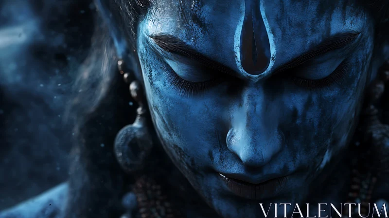 Blue divine face in meditative closeup with soft rim light