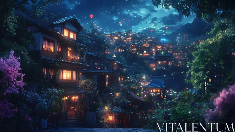 Digital painting of lantern-lit terraced village at twilight.