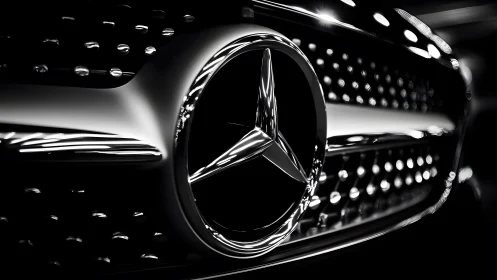 Close-up of Mercedes-Benz emblem on luxury car grille, modern style.