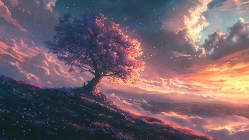 Solitary tree stands on sloped hillside above cloud-filled valley