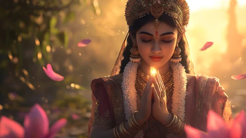 Golden dawn prayer with serene goddess-like figure.