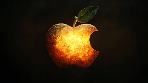 Glowing bitten apple emblem on dark textured background.