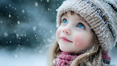 Child in winter attire gazes upward during snowfall