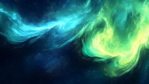 Nebulous teal and green energy forms in deep space field.