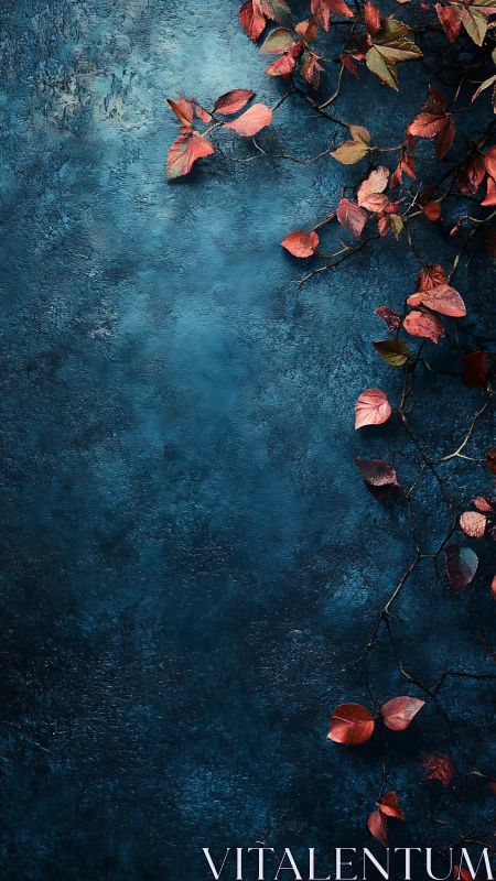 Crimson autumn vine drifting softly over deep blue calm.