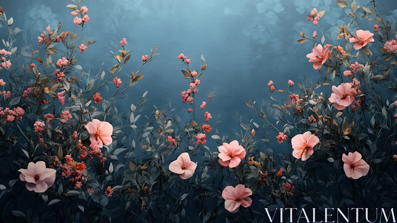 Pink Floral Garden Against Deep Blue Sky Background