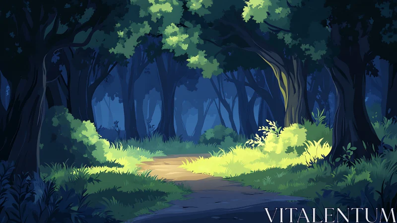 Forest pathway under dense canopy with illuminated clearing