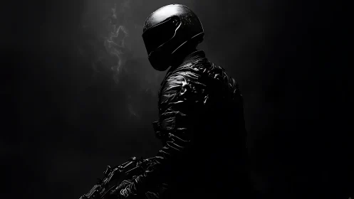 Armored helmeted figure sits in profile in deep shadows