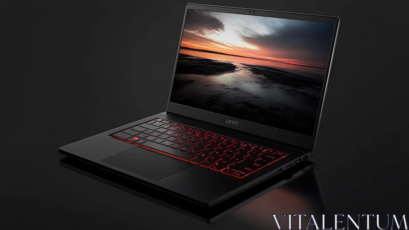 Sleek black Lenovo laptop with red backlit keyboard glow.