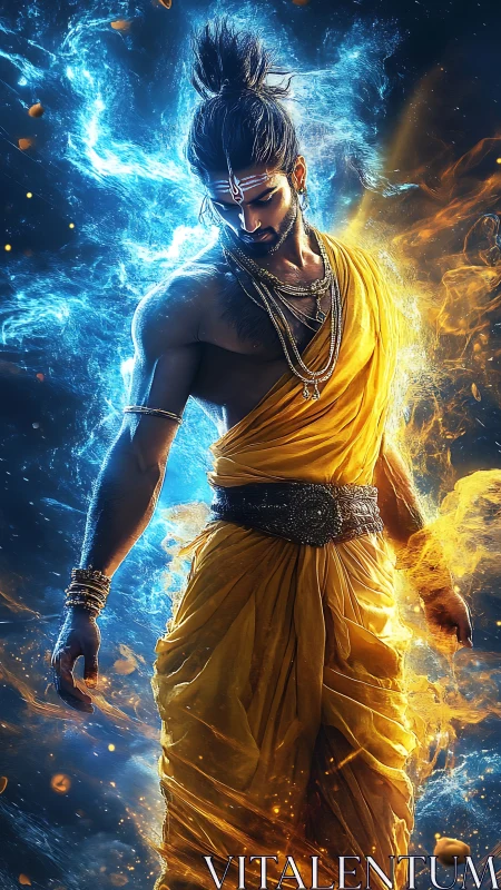 Fiery monk channels swirling cosmic energy in vivid light