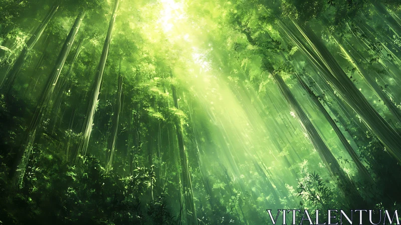Sunlit Bamboo Forest Canopy. Cathedral Light Through Green.
