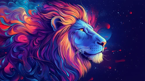 Chromatic vector lion profile in luminous cosmic gradient field.