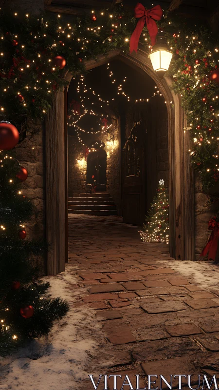 Stone entry corridor with winter garlands and lights at night.