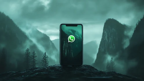 WhatsApp beacon glows in mist-wrapped emerald mountainscape.