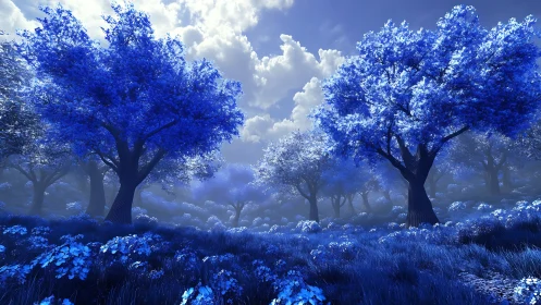 Luminescent blue forest renders atmospheric depth in mist