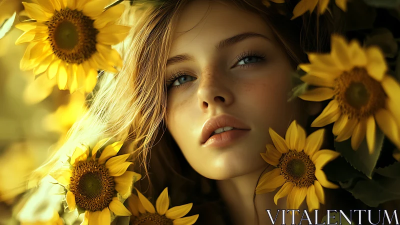 Sunlit close-up portrait integrates soft bokeh and sunflower framing