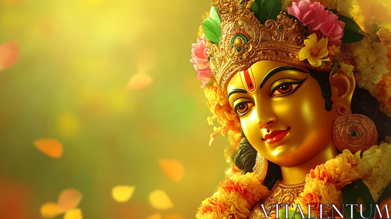 Golden devotional goddess portrait with floral ornamentation